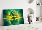 emerald tree of life on a mirror lake panel bringing character to a minimalist living room wall