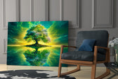 emerald tree of life on a mirror lake panel resting in a shelving niche in a modern interior