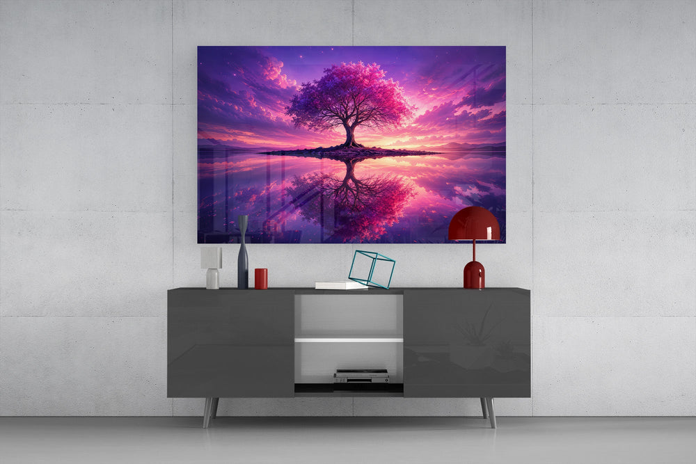 violet blossom tree at twilight glass wall art styled in an atmospheric room setting