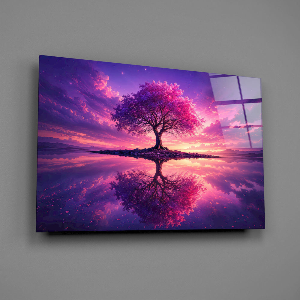 violet blossom tree at twilight glass wall art angled to show the polished tempered glass panel
