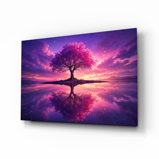 Violet Blossom Tree Twilight Reflection Glass Wall Art - Lifestyle preview in a designer interior