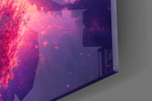 Close-up detail of the magenta canopy and star-flecked purple sky mirrored on still water on the glass surface