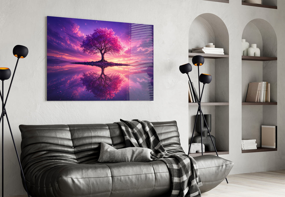 violet blossom tree at twilight glass wall art styled above an armchair in a reading corner