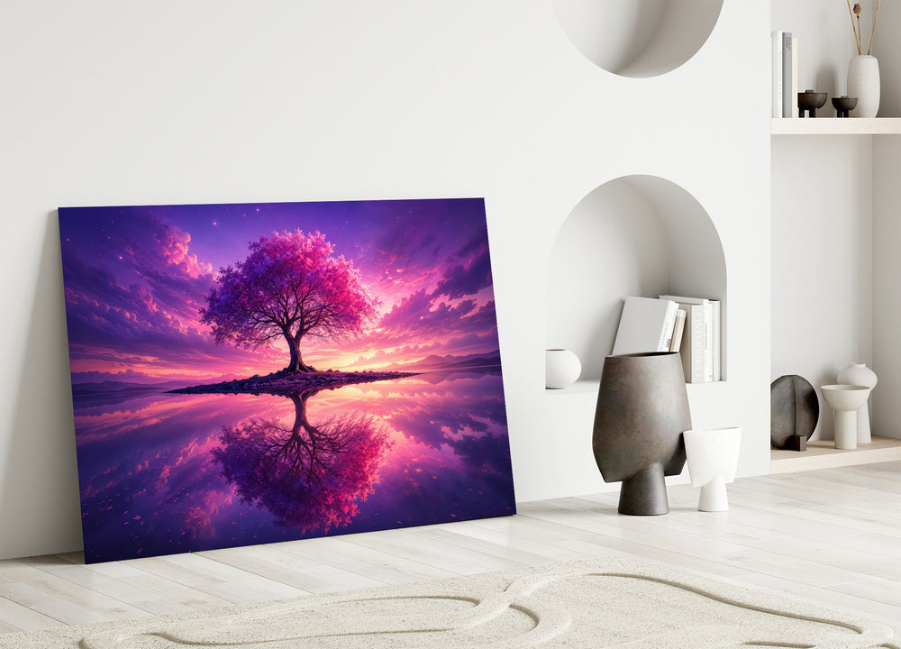 violet blossom tree at twilight panel bringing character to a minimalist living room wall