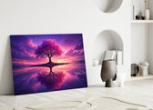 violet blossom tree at twilight panel bringing character to a minimalist living room wall