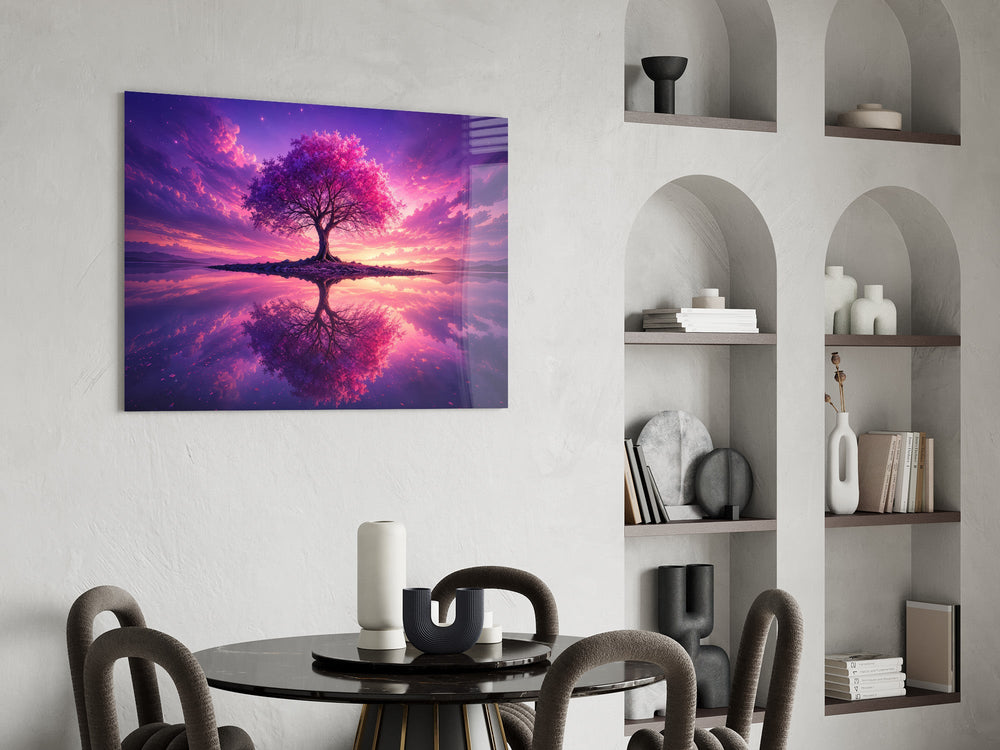 violet blossom tree at twilight glass wall art leaning beside a dark leather sofa