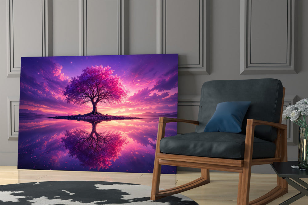 violet blossom tree at twilight panel resting in a shelving niche in a modern interior