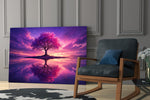 violet blossom tree at twilight panel resting in a shelving niche in a modern interior