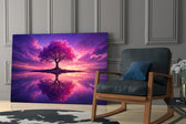 violet blossom tree at twilight panel resting in a shelving niche in a modern interior