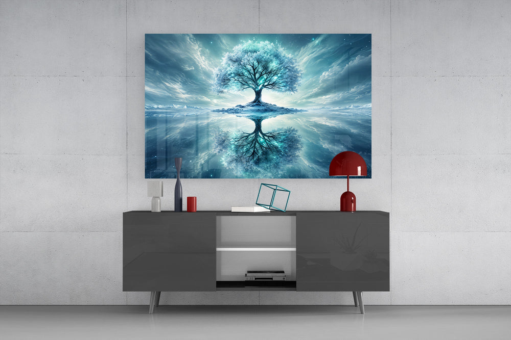 frozen turquoise tree in a winter landscape glass wall art styled in an atmospheric room setting