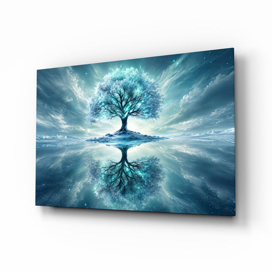 Frozen Blue Tree Winter Mirror Glass Wall Art - Lifestyle preview in a designer interior