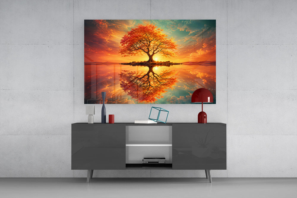 autumn tree at sunset on a mirror lake glass wall art styled in an atmospheric room setting