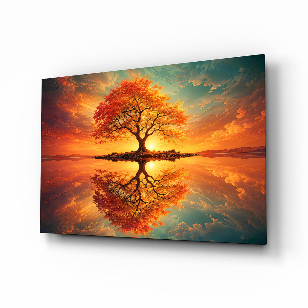 Autumn Amber Tree Sunset Reflection Glass Wall Art - Lifestyle preview in a designer interior