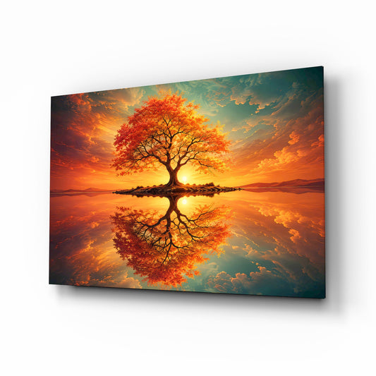 Autumn Amber Tree Sunset Reflection Glass Wall Art - Lifestyle preview in a designer interior