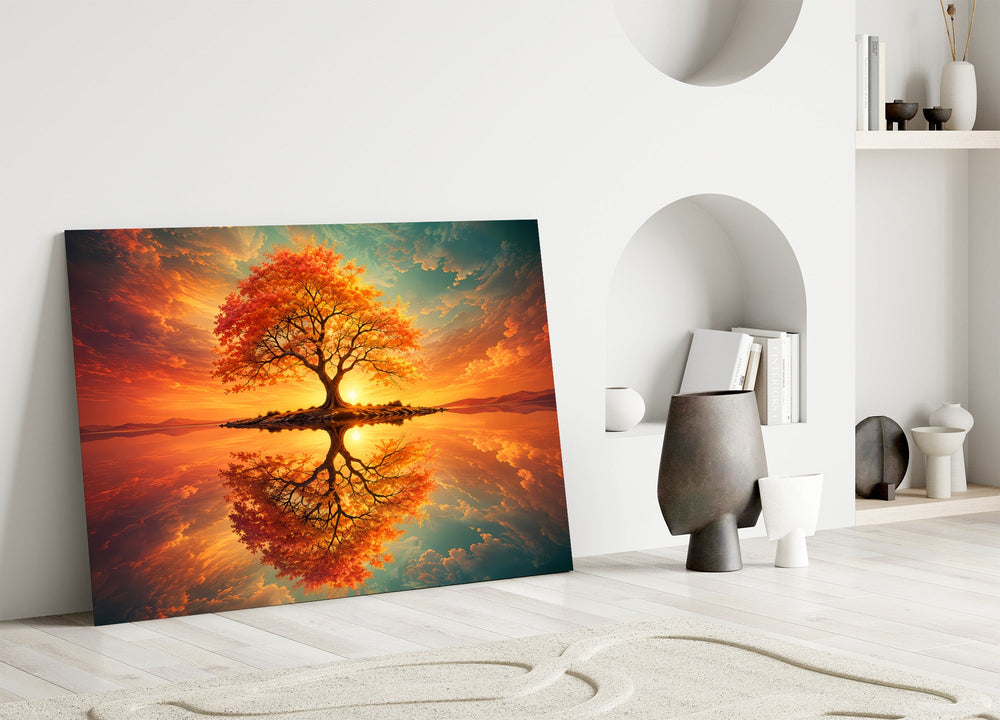 autumn tree at sunset on a mirror lake panel bringing character to a minimalist living room wall