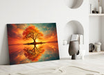 autumn tree at sunset on a mirror lake panel bringing character to a minimalist living room wall