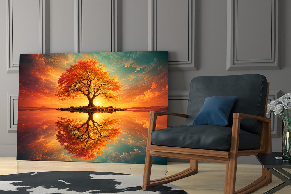 autumn tree at sunset on a mirror lake panel resting in a shelving niche in a modern interior