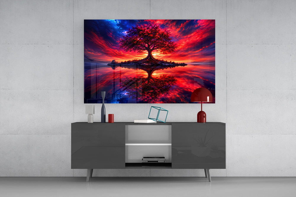 crimson tree under a fiery cosmic sky glass wall art styled in an atmospheric room setting