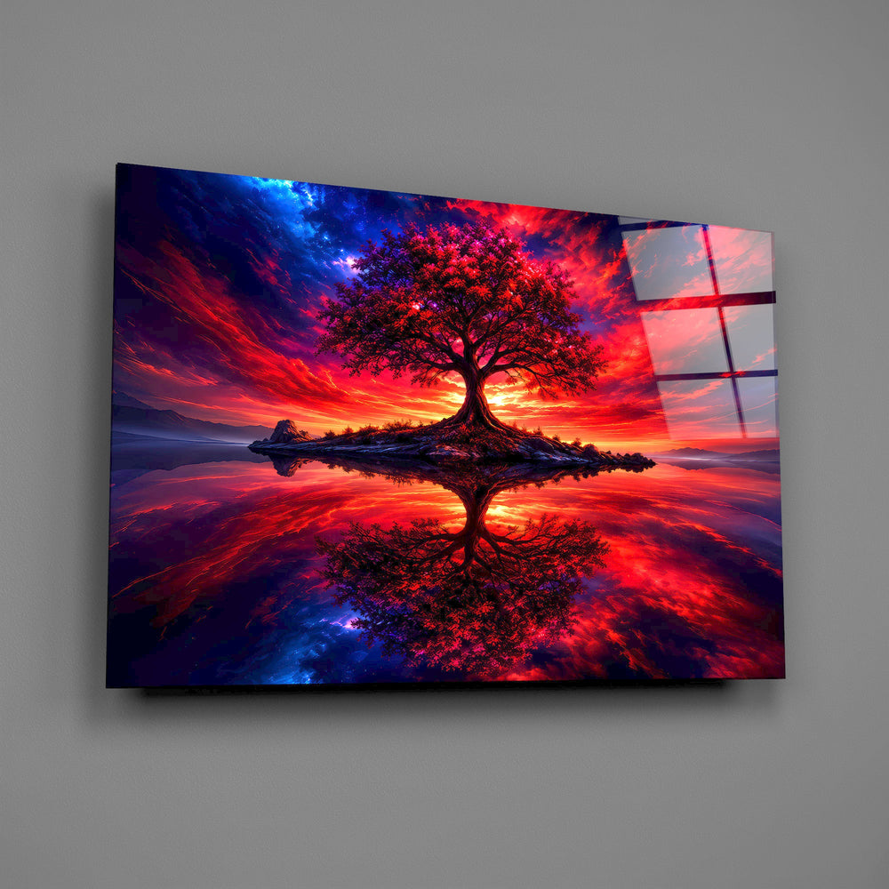 crimson tree under a fiery cosmic sky glass wall art angled to show the polished tempered glass panel