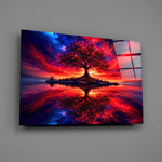 crimson tree under a fiery cosmic sky glass wall art angled to show the polished tempered glass panel