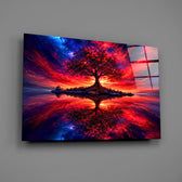 crimson tree under a fiery cosmic sky glass wall art angled to show the polished tempered glass panel