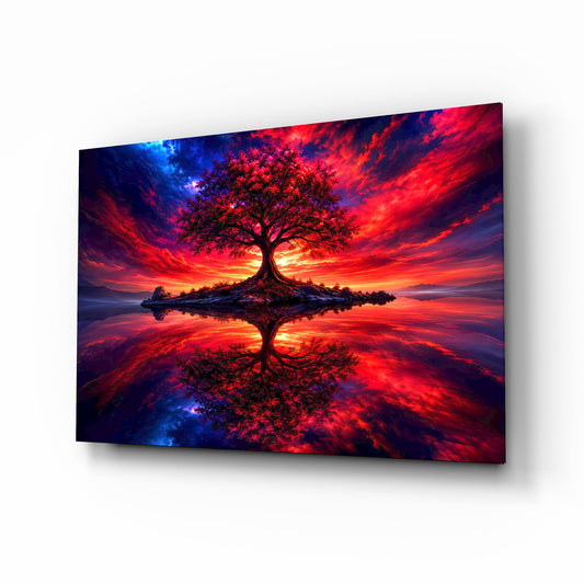 Crimson Tree Fiery Sky Cosmic Glass Wall Art - Lifestyle preview in a designer interior
