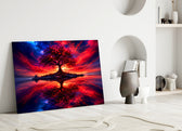crimson tree under a fiery cosmic sky panel bringing character to a minimalist living room wall