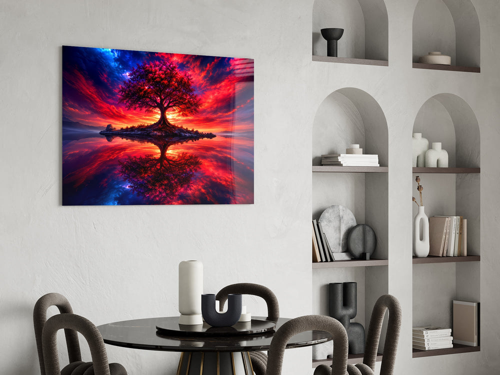 crimson tree under a fiery cosmic sky glass wall art leaning beside a dark leather sofa