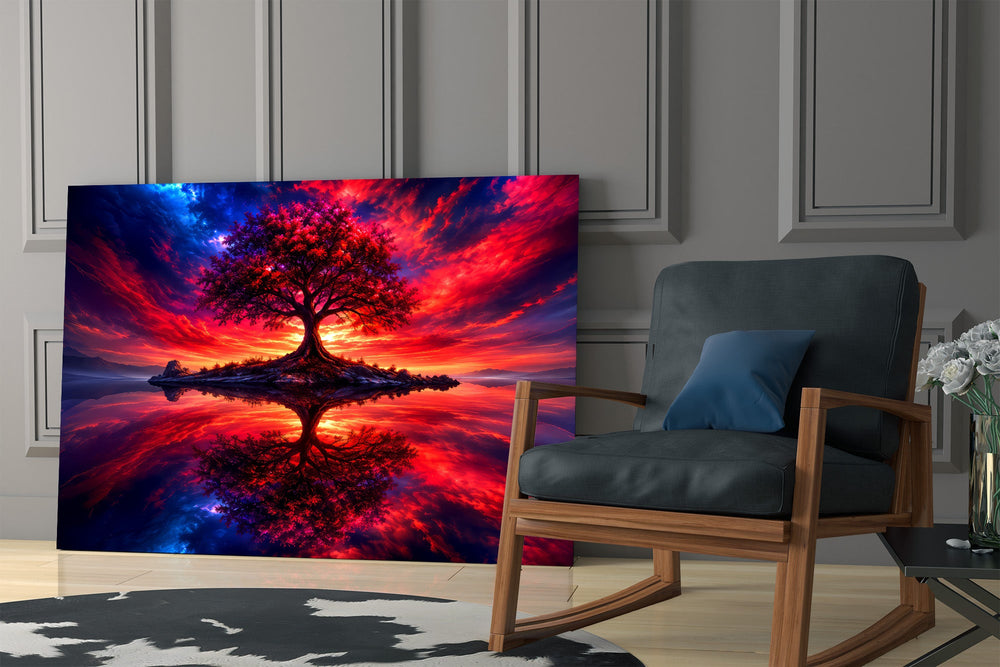 crimson tree under a fiery cosmic sky panel resting in a shelving niche in a modern interior