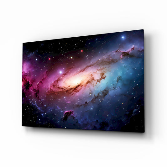 Pink and Blue Spiral Galaxy Nebula Glass Wall Art - Lifestyle preview in a designer interior