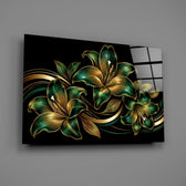 emerald and gold lilies on black glass wall art angled to show the polished tempered glass panel