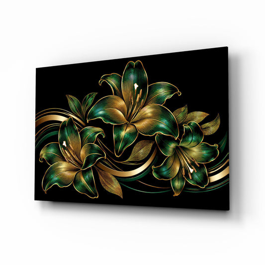 Emerald and Gold Lilies Black Glass Wall Art - Lifestyle preview in a designer interior