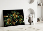 emerald and gold lilies on black panel bringing character to a minimalist living room wall