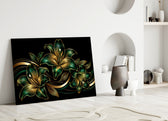 emerald and gold lilies on black panel bringing character to a minimalist living room wall