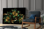 emerald and gold lilies on black panel resting in a shelving niche in a modern interior