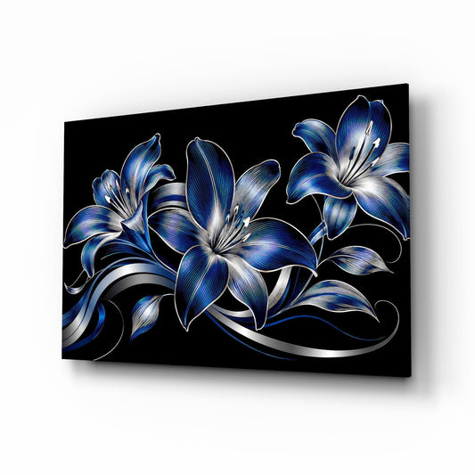Sapphire Blue and Silver Lilies Glass Wall Art - Lifestyle preview in a designer interior
