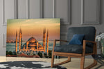 golden sunset six-minaret mosque panel resting in a shelving niche in a modern interior
