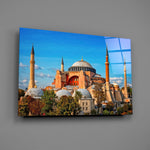 terracotta domed basilica under blue sky glass wall art angled to show the polished tempered glass panel
