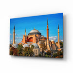 Terracotta Domed Basilica Blue Sky Glass Wall Art - Lifestyle preview in a designer interior