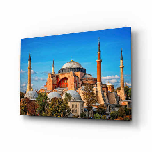 Terracotta Domed Basilica Blue Sky Glass Wall Art - Lifestyle preview in a designer interior