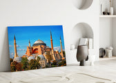 terracotta domed basilica under blue sky panel bringing character to a minimalist living room wall