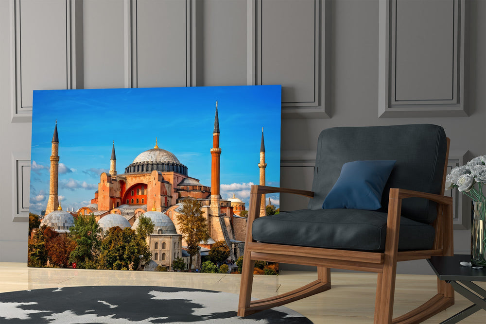 terracotta domed basilica under blue sky panel resting in a shelving niche in a modern interior