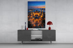 twilight aerial view of an illuminated mosque glass wall art styled in an atmospheric room setting