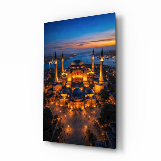 Twilight Aerial Illuminated Mosque Glass Wall Art - Lifestyle preview in a designer interior
