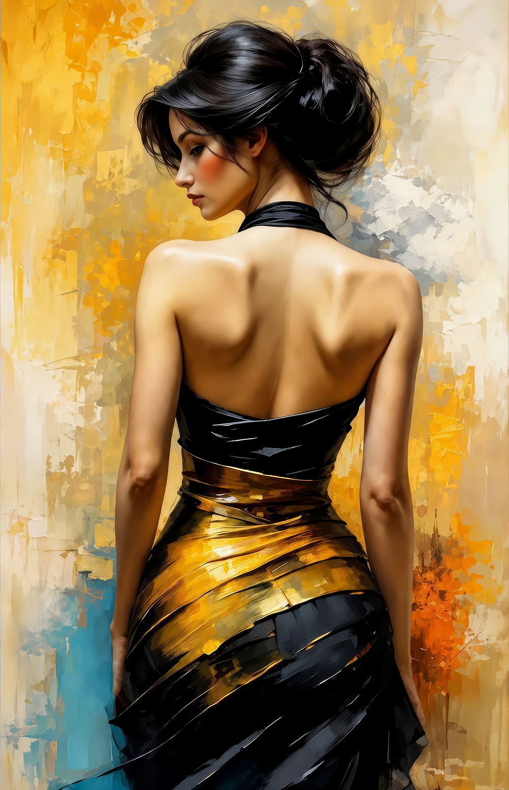 Golden Grace Woman in Black and Gold Gown Glass Wall Art