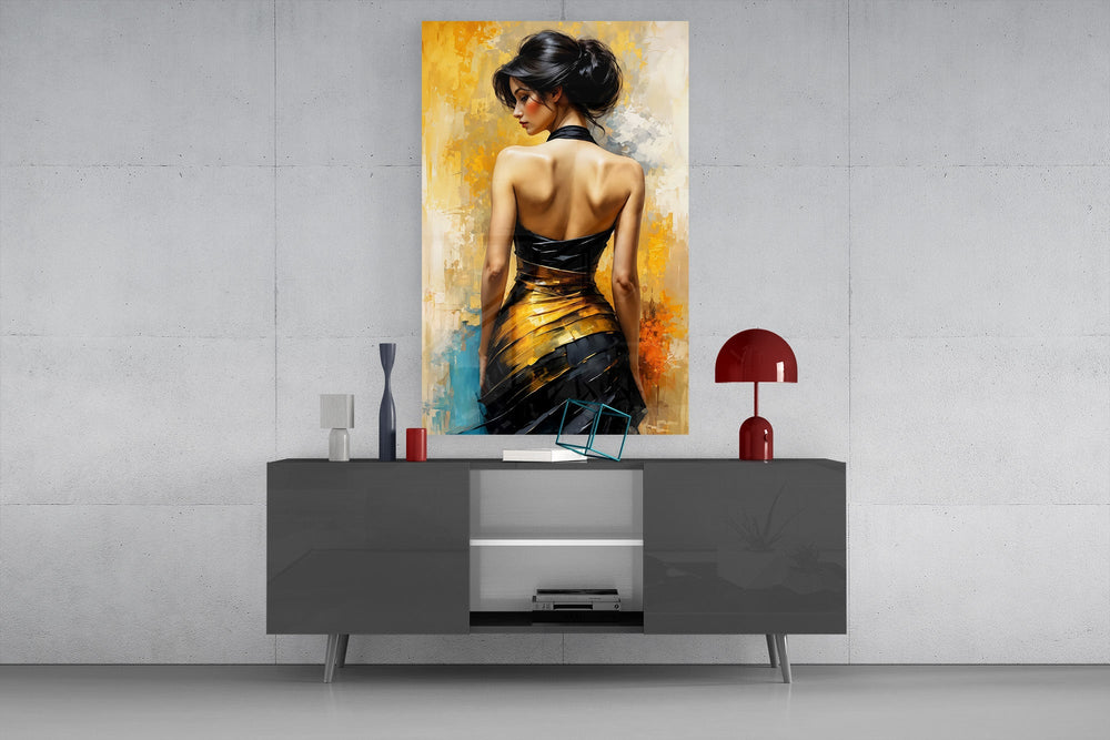 Woman in black and gold gown glass wall art styled in an atmospheric room setting