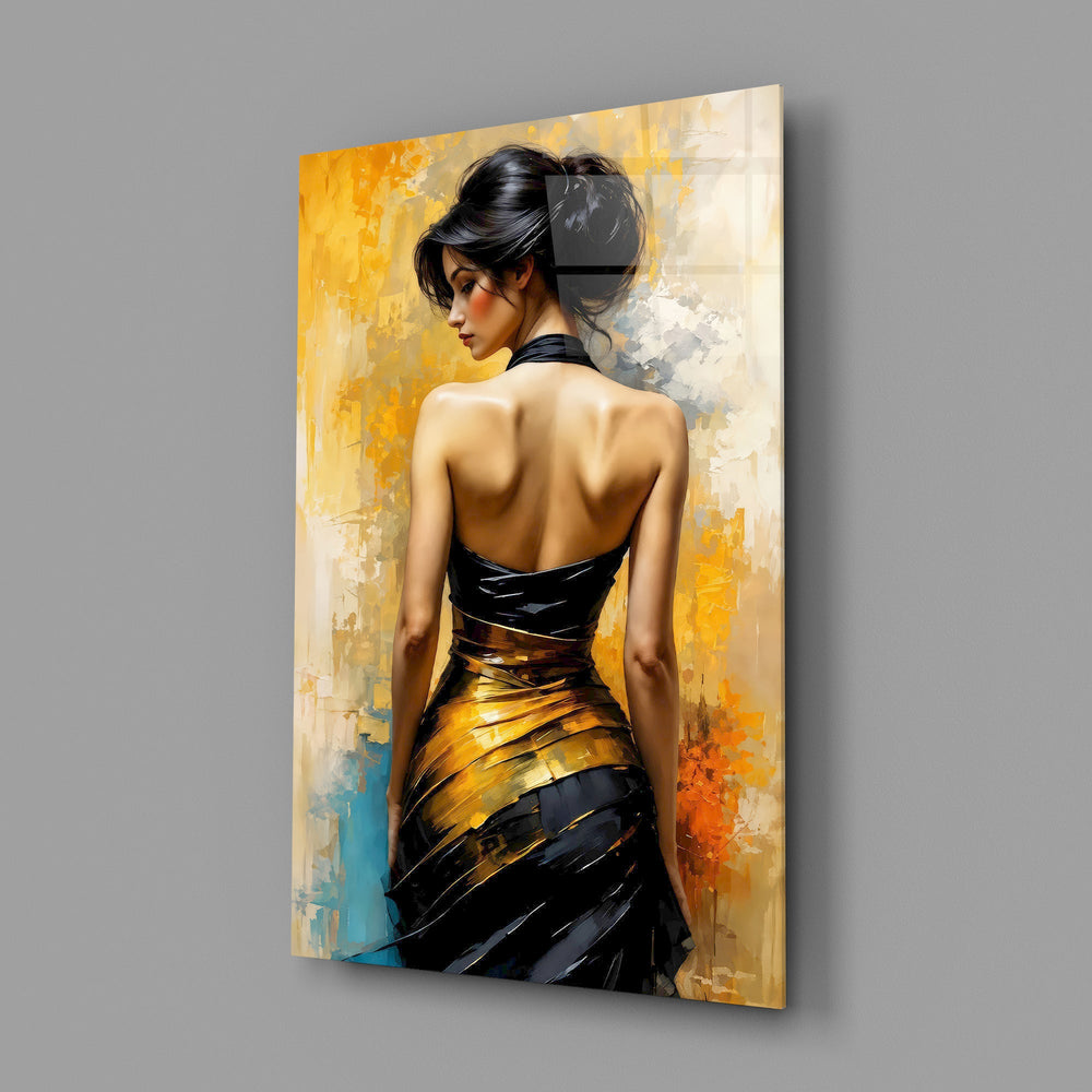 Woman in black and gold gown on glass wall art angled to show the polished tempered glass panel