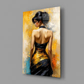 Woman in black and gold gown on glass wall art angled to show the polished tempered glass panel