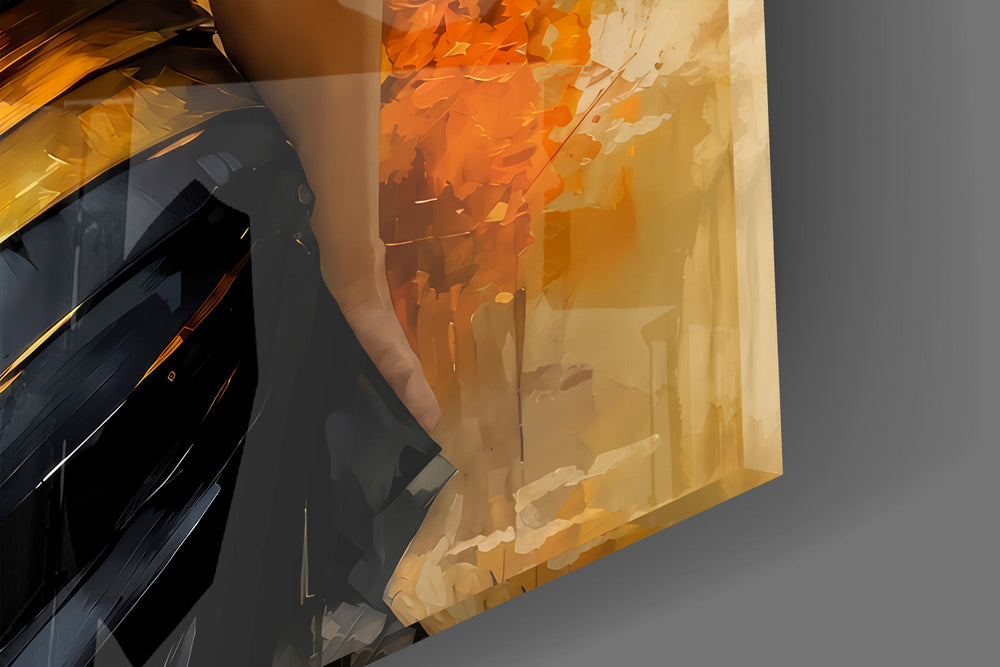 Close-up detail of the gold sash and painterly brushwork on the glass surface