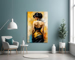Woman in black and gold gown glass wall art styled above a console in an elegant room